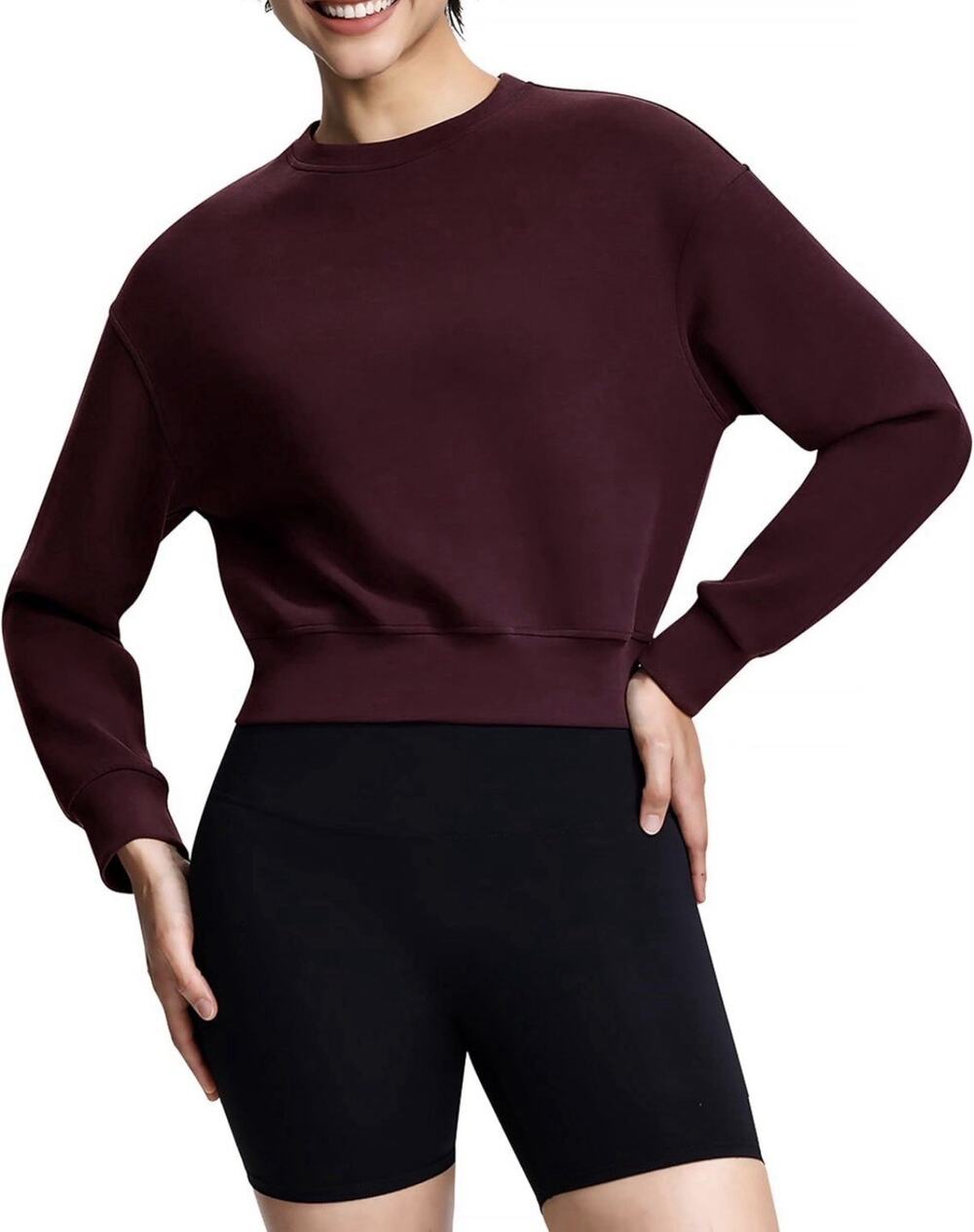 Women's Modal Crew Neck Long Sleeve Cropped Sweatshirt Maroon L New